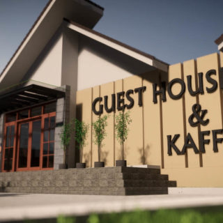 Desain Guest House dan Cafe dengan Kolam Renang